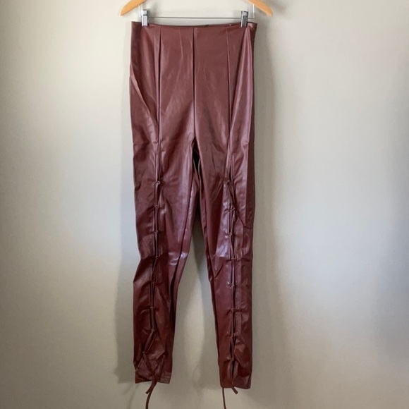 Pretty Little Thing Tall Chocolate Lace Up PU Trouser - Picture 2 of 5